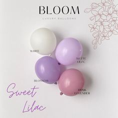 three balloons are shown with the words sweet lilac on them and labeled in english