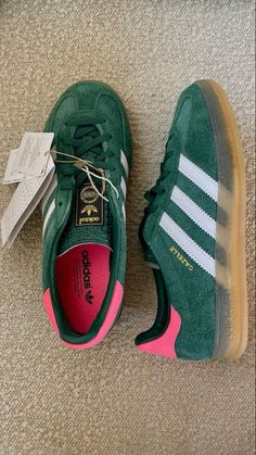 Green And Pink Gazelle, Adidas Green Gazelle, Green And Pink Shoes, Green And Pink Sambas, Adidas Gazelle Indoor Pink, Adidas Gazelle Indoor Green, Green And Pink Adidas, Adidas Green Shoes, Adidas Indoor Gazelle