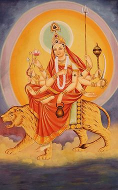 an image of the hindu god sitting on top of a lion