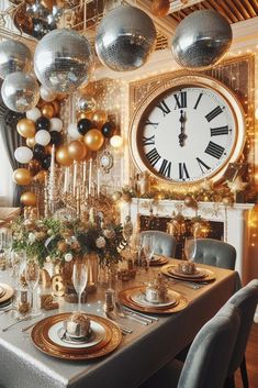 a dining room table is set with silver and gold plates, black and white balloons, and large clock