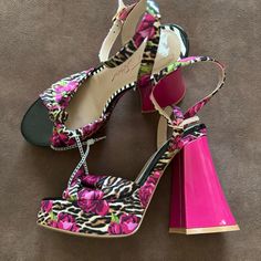 Betsey Johnson Brylie Leopard Floral Print Platform Block Heel Dress Sandals New Without Original Box Pink Party Heels For Spring, Spring Party Pink Heels, Pink Synthetic Sandals For Party, Glamorous Pink Block Heel Sandals, Pink Sandals With Heel Strap For Party, Trendy Pink Formal Sandals, Glamorous Pink Sandals For Night Out, Chic Pink Sandals With Block Heel, Glamorous Multicolor Ankle Strap Sandals