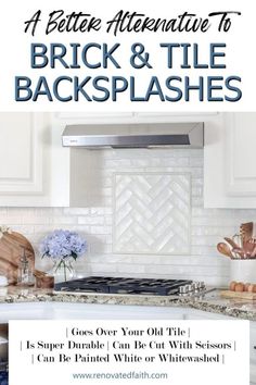 an advertisement for the latest faux backsplash, featuring white cabinets and marble counter tops