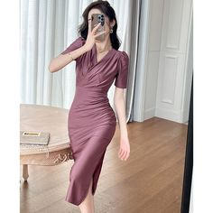 Summer V-neck Slim Purple Dress - SweatshirtsHoodies.com V-neck Elastane Midi Dress, V-neck Ruched Midi Dress, Stretch V-neck Midi Dress, Elegant V-neck Stretch Bodycon Dress, Solid Color Stretch V-neck Bodycon Dress, Solid V-neck Stretch Bodycon Dress, Elegant Stretch V-neck Midi Dress, Fitted Ruched V-neck Evening Dress, V-neck Bodycon Dress