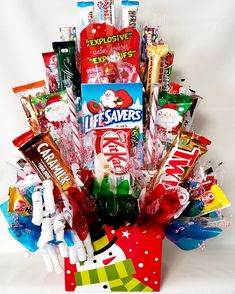 an assortment of candy and candies in a gift bag