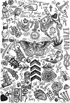 a black and white drawing of many different things