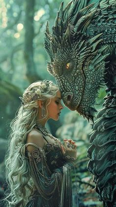 a woman standing next to a dragon in the forest