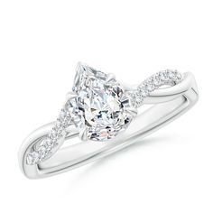 a white gold ring with an oval cut diamond and pave set diamonds on the band