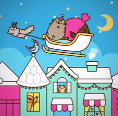 a drawing of a cat riding in a sleigh on top of a house