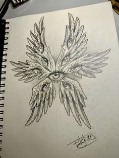 a drawing of a bird with wings on it's back and eyes drawn in pencil