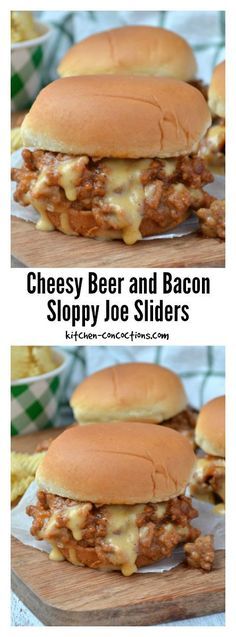 cheesey beer and bacon sloppy joe sliders on a cutting board with text overlay