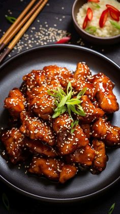 a black plate topped with chicken covered in sesame seeds next to rice and chopsticks