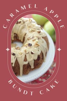 an apple bundt cake with white icing on a plate