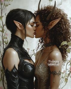 two women with horns kissing each other