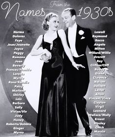 a man and woman standing next to each other in front of a sign that says names from the 1930s