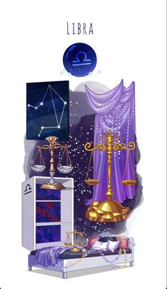 the zodiac sign libra in front of a bed with purple drapes on it