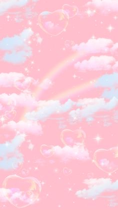 the sky is filled with soap bubbles and rainbows in the clouds, as well as stars