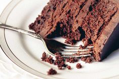 a piece of chocolate cake on a plate with a fork