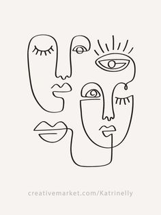 three faces drawn in black and white on a white background