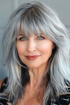 Women Over 50 With Bangs, Over 50 With Bangs, Grey Hair With Bangs, Style Bangs, Long Silver Hair, Haircuts For Medium Length Hair, Gorgeous Gray Hair, Grey Hair Inspiration, Bangs For Women