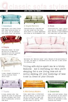 an advertisement with different types of couches and chairs in it's description page