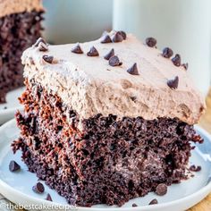 a piece of chocolate cake with frosting and chocolate chips on top, sitting on a plate