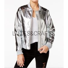 Women's Silver Metallic Foil  Solid Casual Motorcycle Bomber Leather Jacket, Women's Silver Jacket, Women Silver Metallic Foil Bomer jacket - from Luxe & Crafts. Material Type : 100% Genuine Lambskin Leather. Collar : Rib Collar. Closure Type : Front Zipper Closure. Sleeve Style : Long Sleeves. Number of Pockets : 2 Side Pockets. Color : Silver Metallic Foil Lining Material : 100% Premium Lining / Viscose Lining. Care Instructions : Professional Leather Clean Only. Package Contains : 1 Leather J Bomer Jacket, Silver Jacket, Runway Trends, Leather Sleeve, Detail Shop, Rue21, Faux Leather Jackets, Moto Jacket, Button Detail