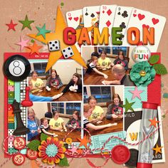 a scrapbook page with some pictures and words on the pages, including dices