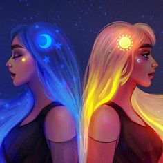 two beautiful women with glowing hair standing next to each other in front of the moon