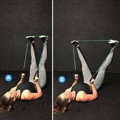 a woman is doing an aerial exercise with the straps attached to her chest and holding onto one leg