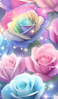 many pink and blue roses with stars in the background