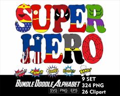 an image of the word super hero in different colors and sizes with stars on it