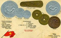 an old chinese currency card with coins and symbols on the back side, including one for china