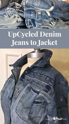 an upcycled denim jean's to jacket is shown in two different ways