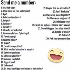 a question card with an emoticive smiley face and the words send me a number