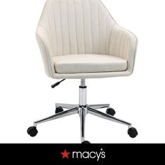 a white office chair with wheels and casteors on the bottom, sitting in front of an advertisement for macy's