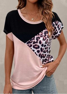 Size:S;Size:M;Size:L;Size:XL;Size:XXL;Color:Light Pink;Package Contents:1 X T Shirt;Occasion:Other;Style:Bohemian; Grey Leather Pants, Light Pink Shorts, Stylish Tops For Women, Business Formal Dress, Trendy Tops For Women, Drop Shoulder Tee, Trendy Fashion Tops, Color Block Top, Leopard Print Top