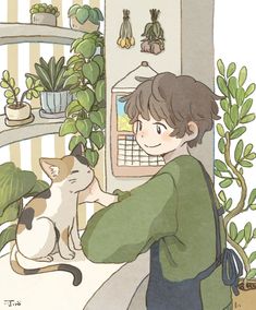 a boy is petting a cat in front of a potted plant