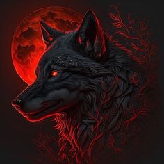 a wolf with red eyes standing in front of a full moon