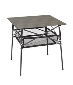 an outdoor table with mesh top and metal frame on the bottom, against a white background