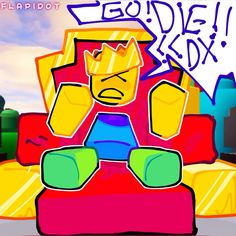 a cartoon character sitting on top of a couch with a speech bubble above his head