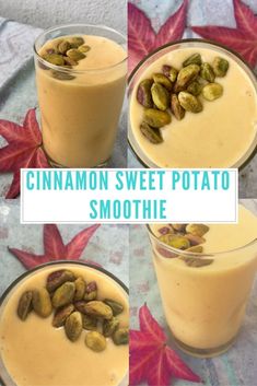 four different shots of cinnamon sweet potato smoothie with nuts in the top and bottom