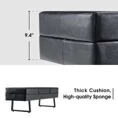 a black leather bench with measurements for the back cushion and footstool, shown from above