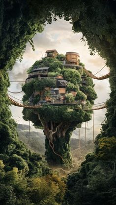 a tree house in the middle of some trees