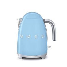 a blue toaster with the word smeg on it's front and side