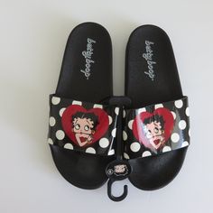 New Betty Boop Polka Dot Betty Boop Slides. Lightweight Questions? Leave A Comment Below! Betty Boop Items, Betty Boop Nails, Egirl Clothing, Betty Boop Black, Haunt Couture, Floral Flip Flops, Horror Punk, Womens Slides Sandals, Printed Flip Flops