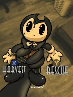 a drawing of a cartoon character holding a guitar in front of the caption harvest rescue