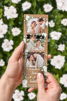 a person holding up a card with four photos on it and flowers in the background