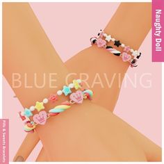 two bracelets with hearts, stars and candy on them are shown against a pink background