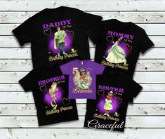 the princess and the frog family shirts with their names on them, including one for each child