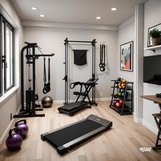 a home gym with various exercise equipment